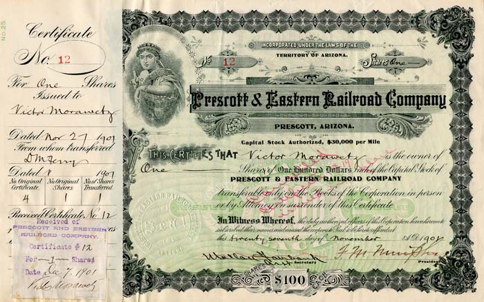 Prescott and Eastern Railroad Co. signed by Victor Morawetz - Autograph Arizona Stock Certificate - Part of the Atchison, Topeka and Santa Fe Railroad